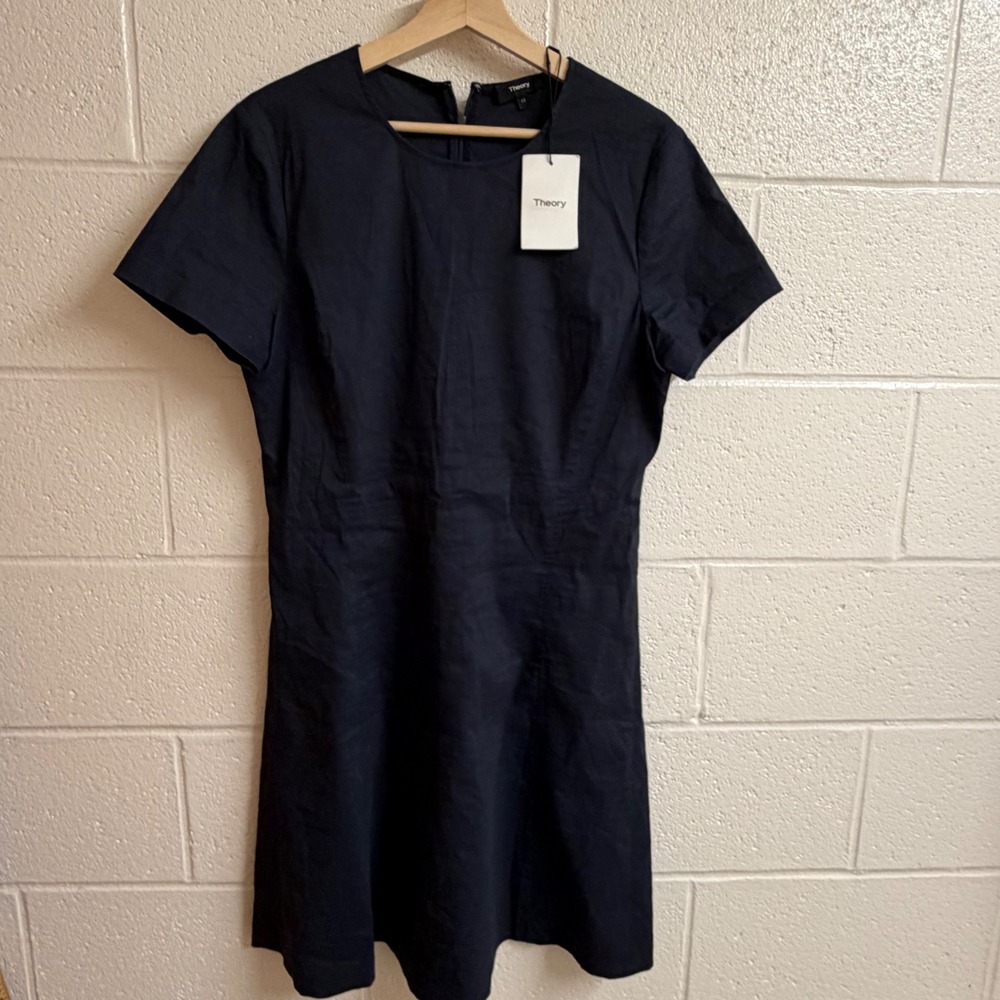 Theory Women Concord Organic Crunch Wash Dress 8 Navy Linen Short Sleeve Shift